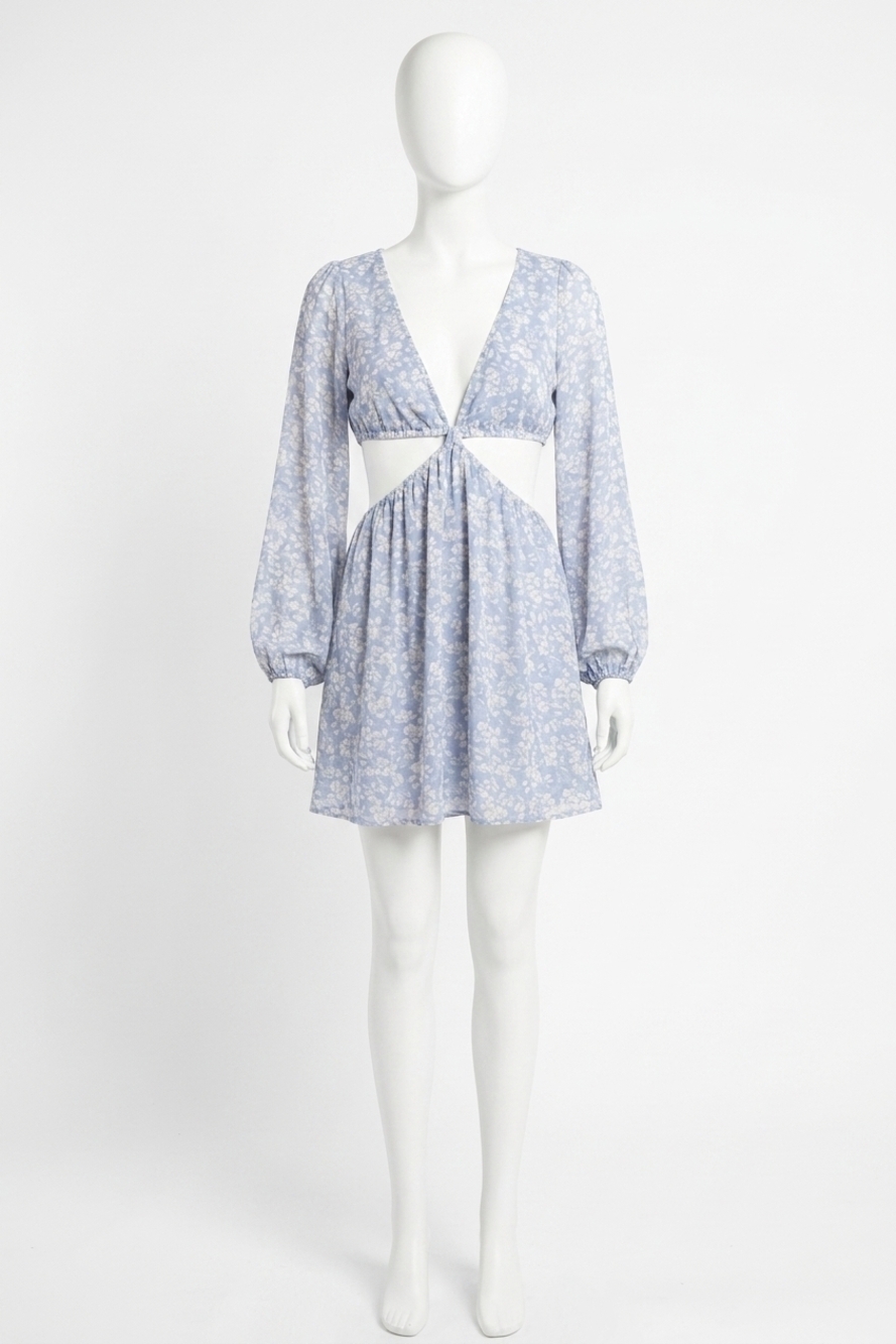 NEW SKY TO MOON romantic floral plunge cutout dress in chill blue
